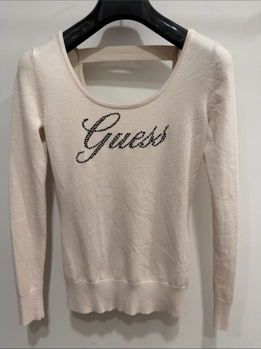Guess Cream Scoop Neck Sweater with Black Crystal Logo